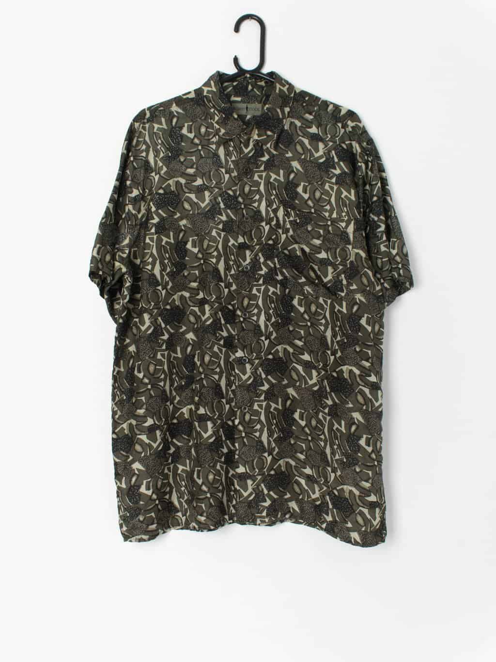 90s Patterned Silk Shirt With Green Geometric Pattern Medium Large