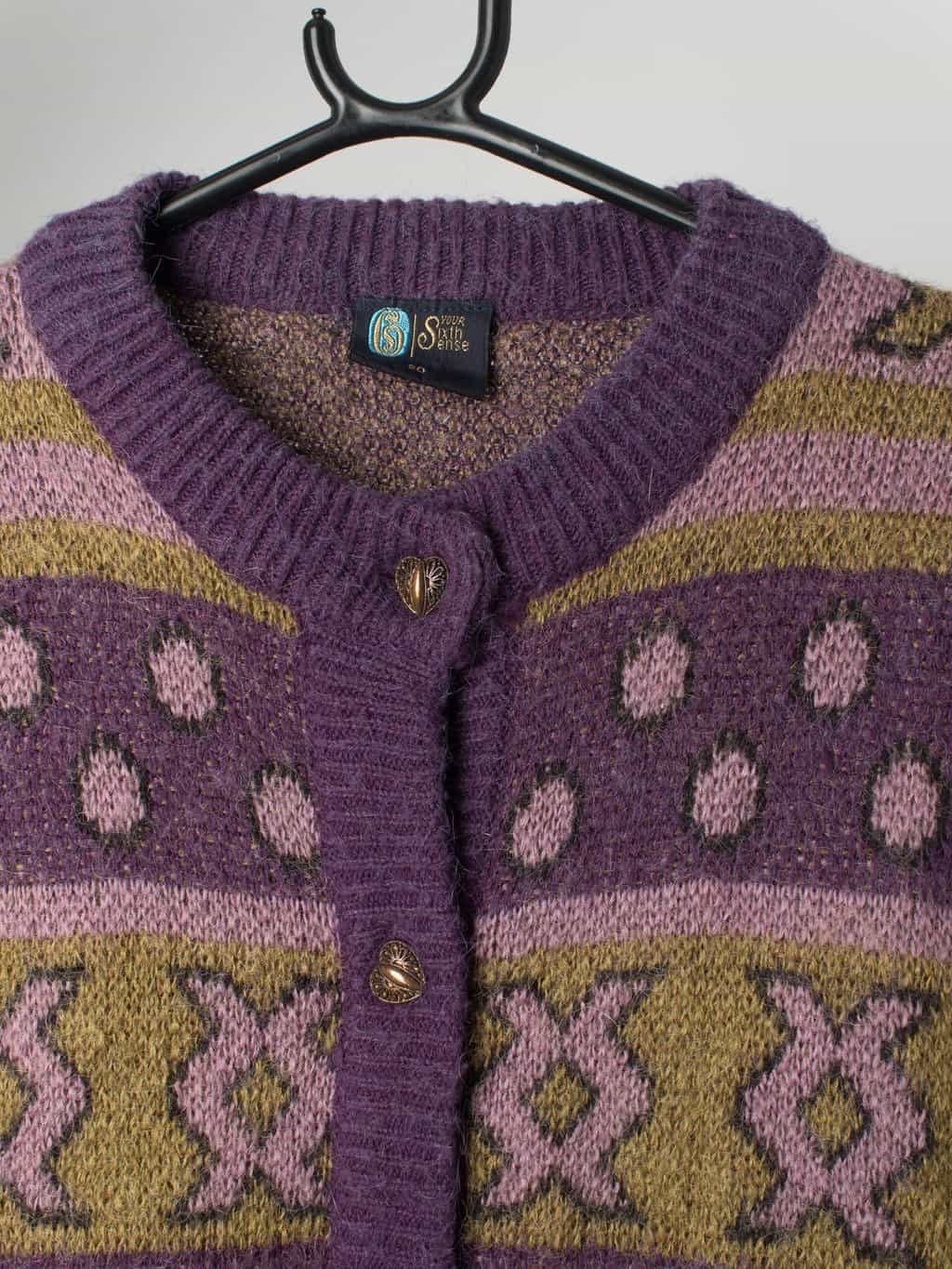 90s Purple Cardigan With Olive Green Geometric Design Medium Large 2