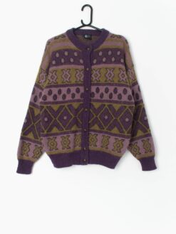 90s Purple Cardigan With Olive Green Geometric Design Medium Large