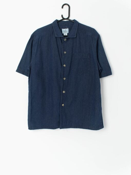 90s Vintage Denim Shirt In Dark Blue Short Sleeved Small Medium