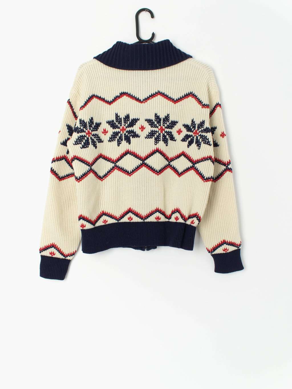 Mens Vintage Chunky Knitted Jacket In Red Navy And Cream With Snowflake Pattern Medium 3