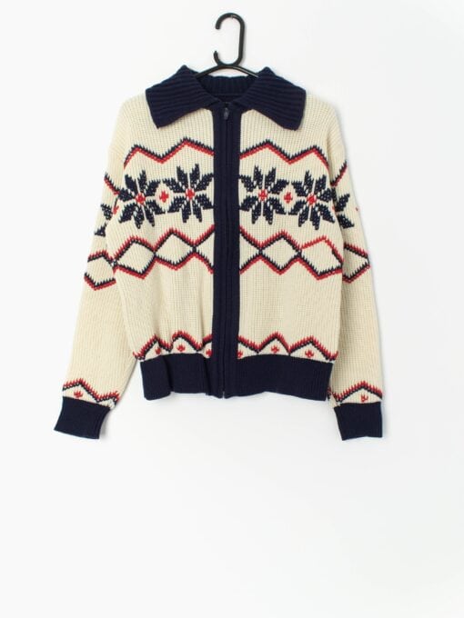 Mens Vintage Chunky Knitted Jacket In Red Navy And Cream With Snowflake Pattern Medium