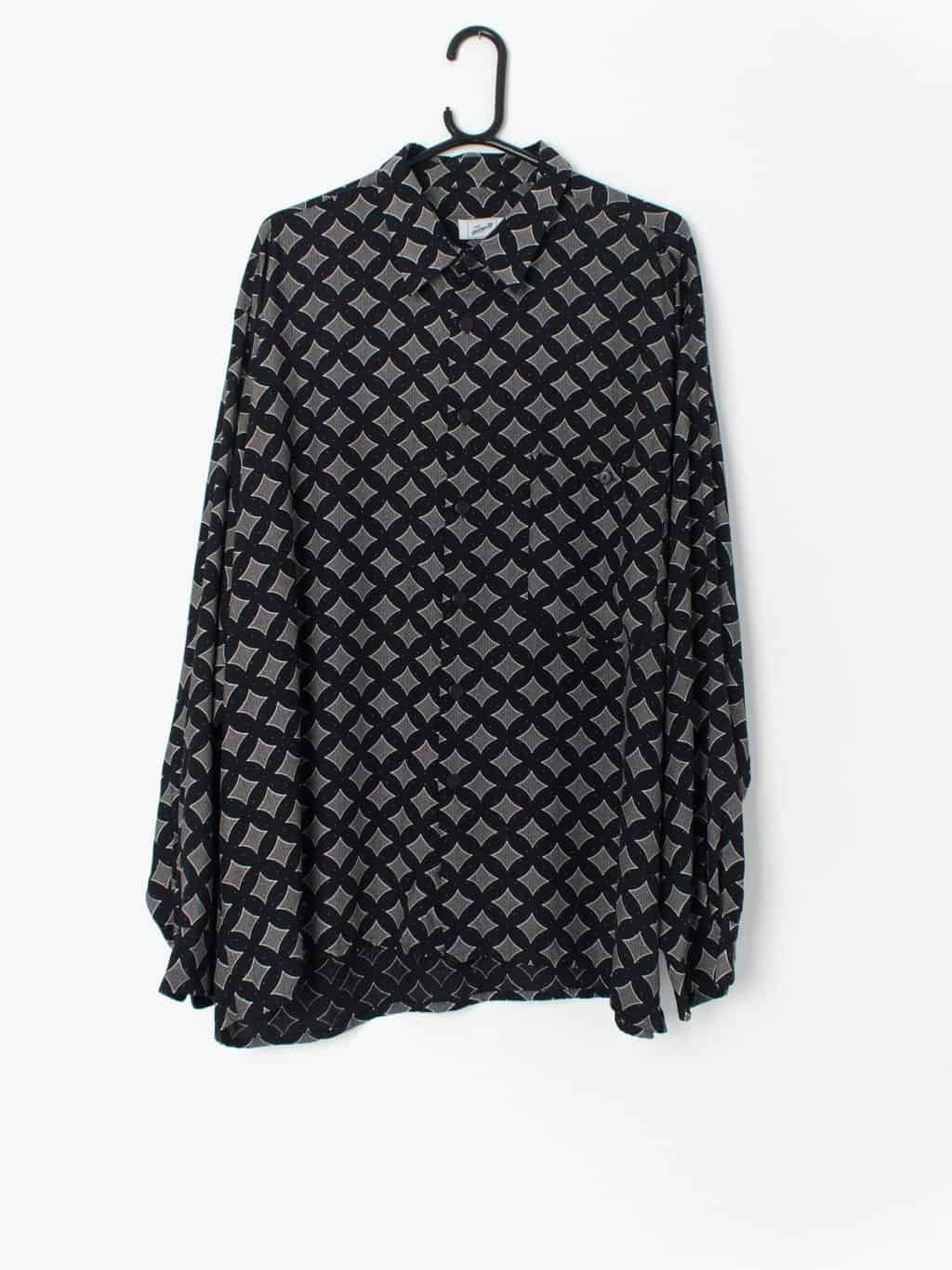 Vintage Black Diamond Print Shirt With Pink Polka Dots 2xl