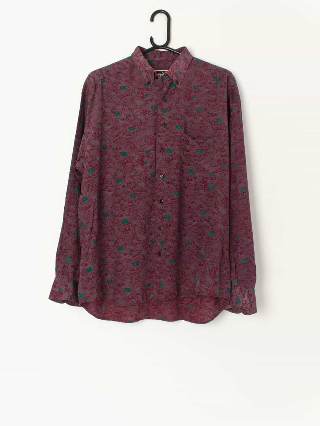 Vintage Burgundy Shirt With Suburban Tiny House Repeating City Print Medium