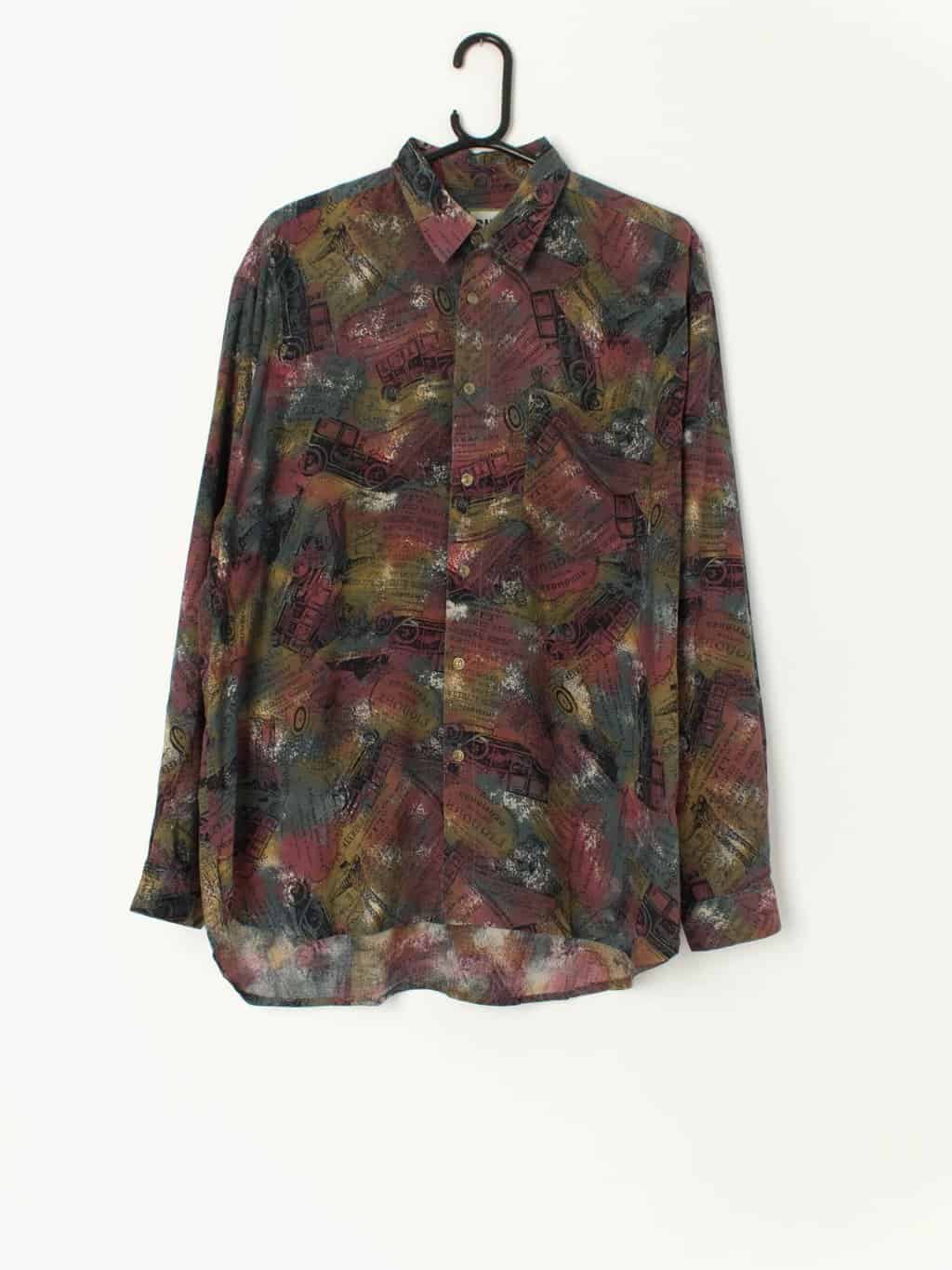 Vintage Crazy Shirt With Old Fashioned Print Including Liquor Labels Cars Croquet And Archery Medium Large