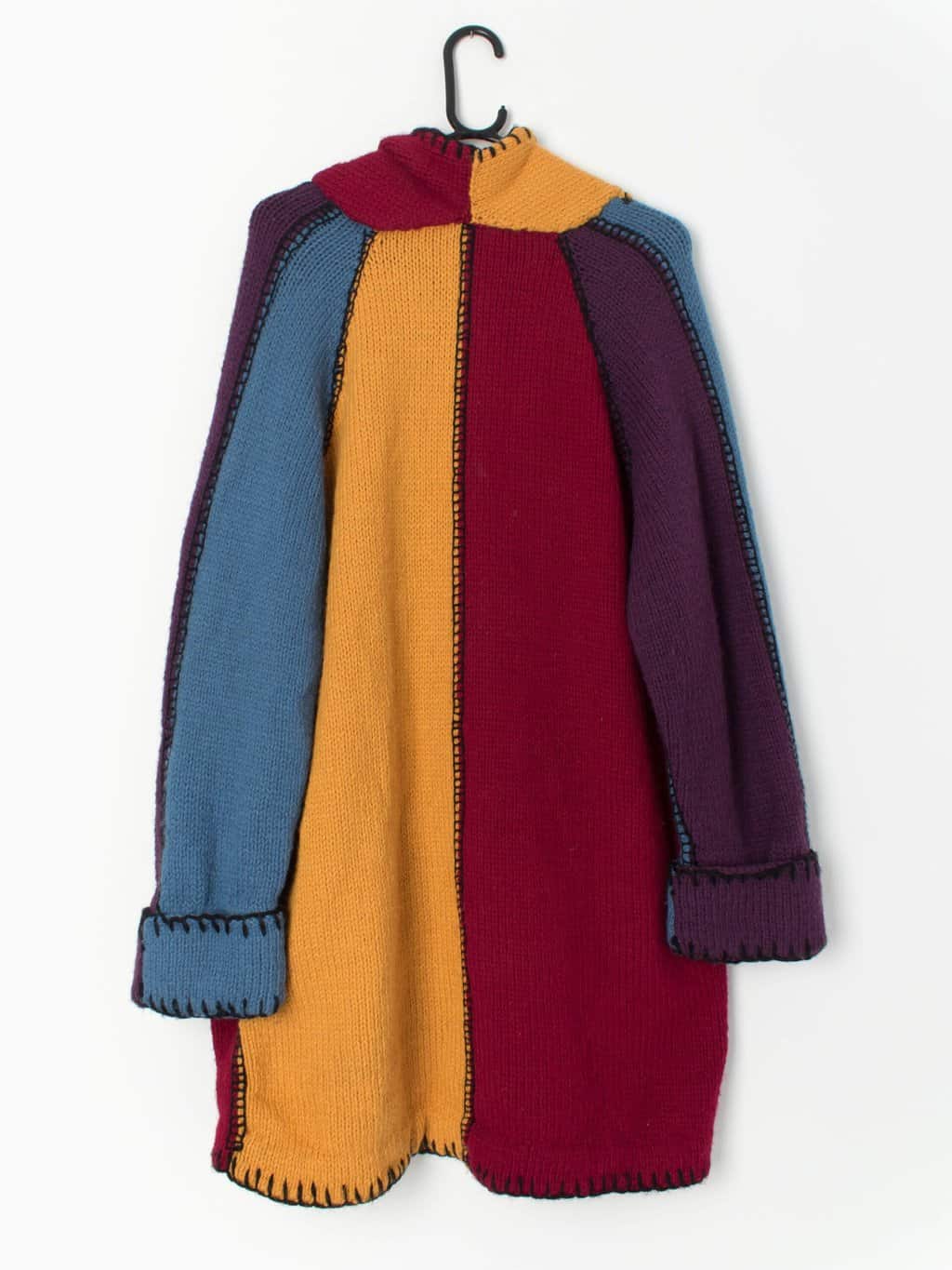 Vintage Handknitted Longline Cardigan Coat In Red Purple Yellow And Blue Colour Block Medium 2