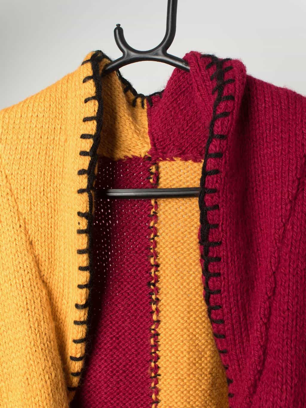 Vintage Handknitted Longline Cardigan Coat In Red Purple Yellow And Blue Colour Block Medium 3