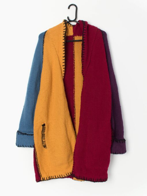 Vintage Handknitted Longline Cardigan Coat In Red Purple Yellow And Blue Colour Block Medium