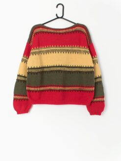 Vintage Knitted Jumper In Red Green Yellow And Brown Boatneck Christmas Vibes Medium