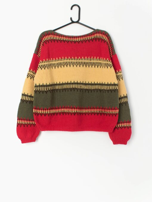 Vintage Knitted Jumper In Red Green Yellow And Brown Boatneck Christmas Vibes Medium