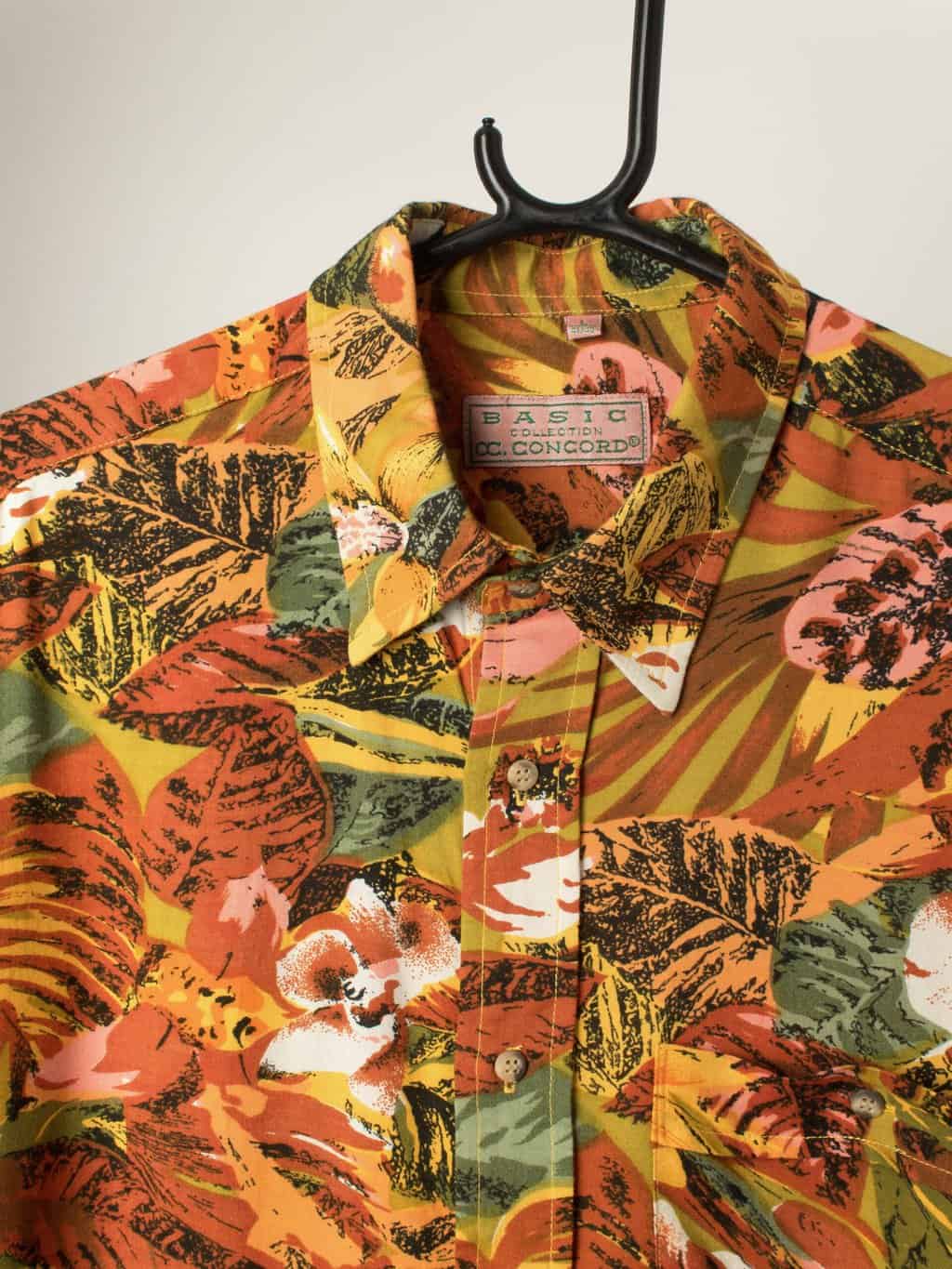 Vintage Orange Floral Shirt With Crazy Tropical Plant Summer Garden Print Large 2