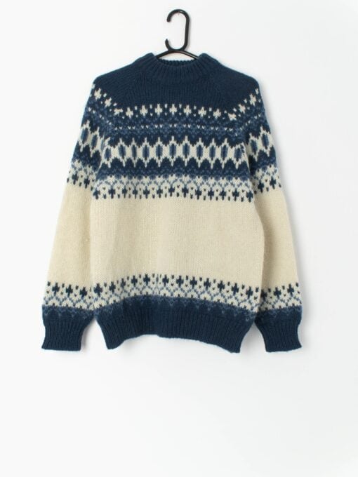 Vintage Runox Scandinavian Wool Jumper Chunky Knit Jumper In Blue And Cream Medium