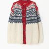 Vintage Scandi Cardigan Hand Knitted In Red Blue And White Nordic Style Cardigan Medium