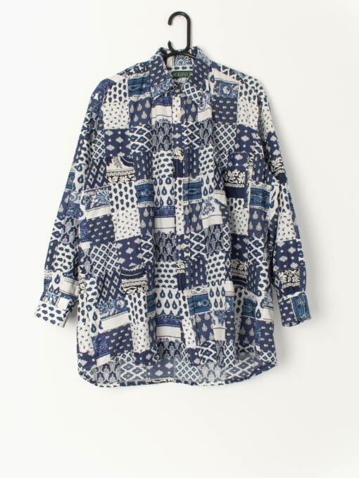 Vintage Souleiado Shirt With Provencal Bohemian Patchwork In Blue And White Medium To Large