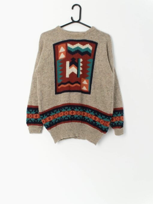 Vintage The Clever Shepherd Wool Jumper In Beige With Abstract Pattern Unisex Medium