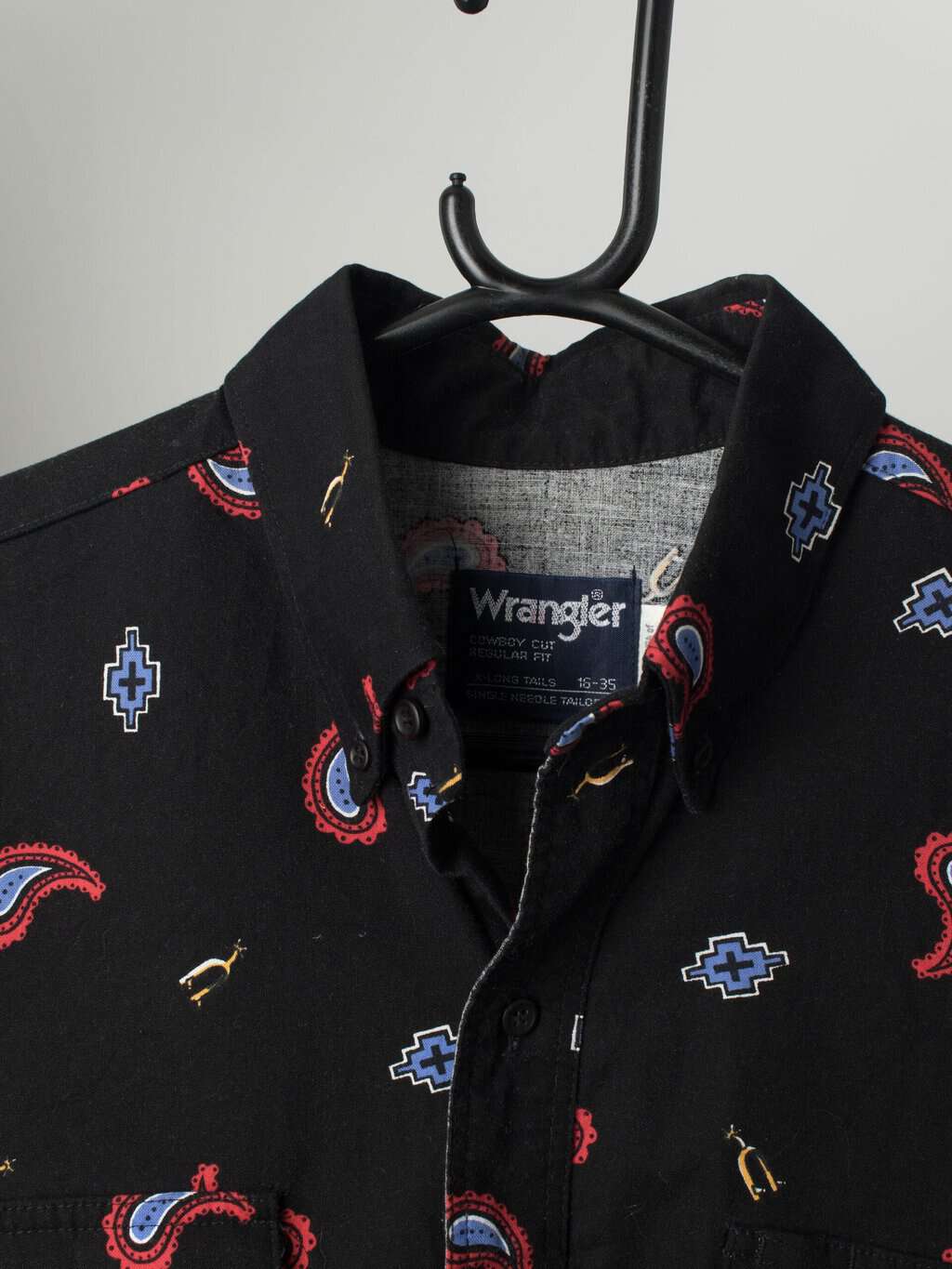 Vintage Wrangler Western Shirt Black With Red And Blue Motifs Cowboy Cut Made In Usa Medium 2