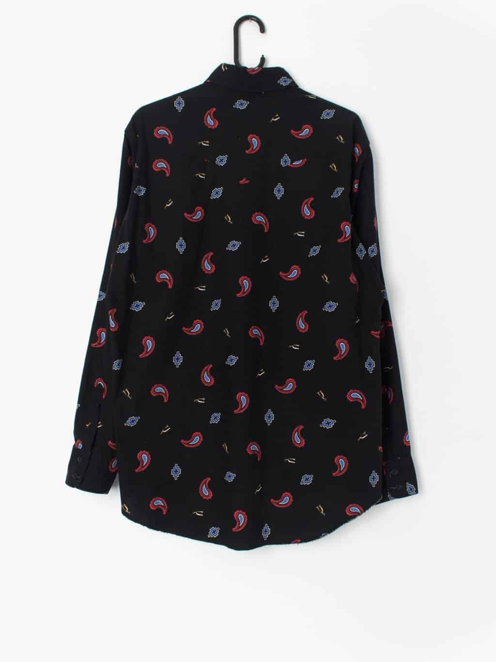 Vintage Wrangler Western Shirt Black With Red And Blue Motifs Cowboy Cut Made In Usa Medium 3