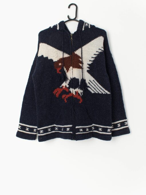 1980s Vintage Eagle Cardigan Cowichan Style Sweater With Hood And Zip Medium