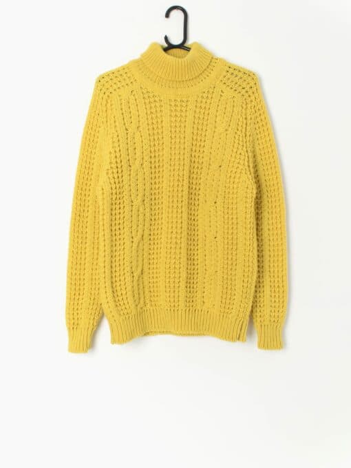 60s Yellow Waffle Knit Jumper By Round Tower Hand Knitted In Ireland Small Medium