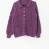 80s Berry Purple Handknitted Cardigan With Cable Knit Pattern Fancy Gold Buttons Small Medium