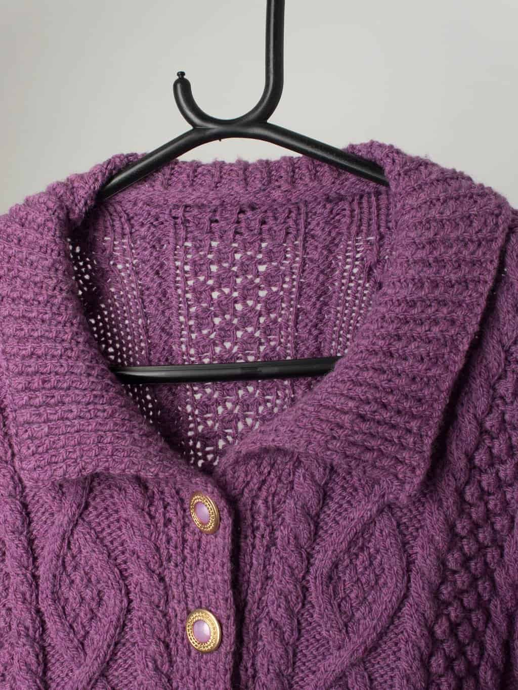 80s Berry Purple Handknitted Cardigan With Cable Knit Pattern Fancy Gold Buttons Small Medium 2