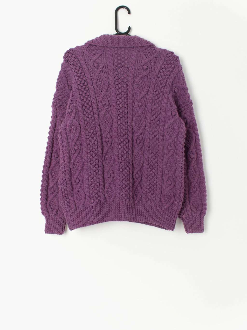 80s Berry Purple Handknitted Cardigan With Cable Knit Pattern Fancy Gold Buttons Small Medium 3