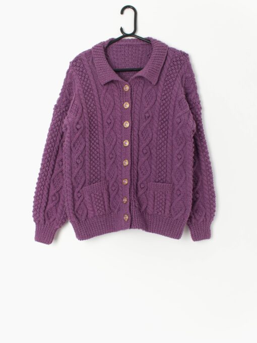 80s Berry Purple Handknitted Cardigan With Cable Knit Pattern Fancy Gold Buttons Small Medium