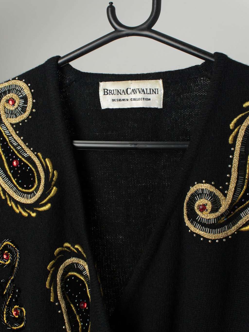 80s Bruno Cavvalini Lambswool Knitted Jumper In Black With Gold Beaded Design Medium Large 2