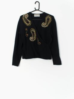 80s Bruno Cavvalini Lambswool Knitted Jumper In Black With Gold Beaded Design Medium Large
