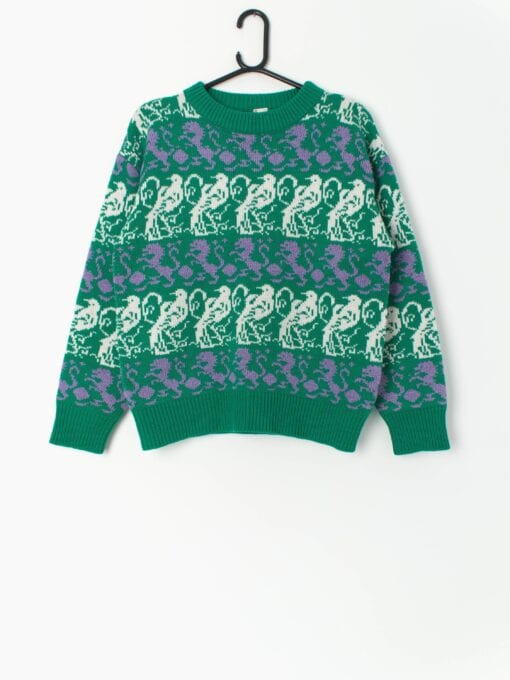 80s Green Sweater With Dragon And Bird Repeating Pattern Medium Large