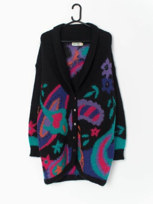 80s Longline Cardigan In Black With A Loud Abstract Design Medium