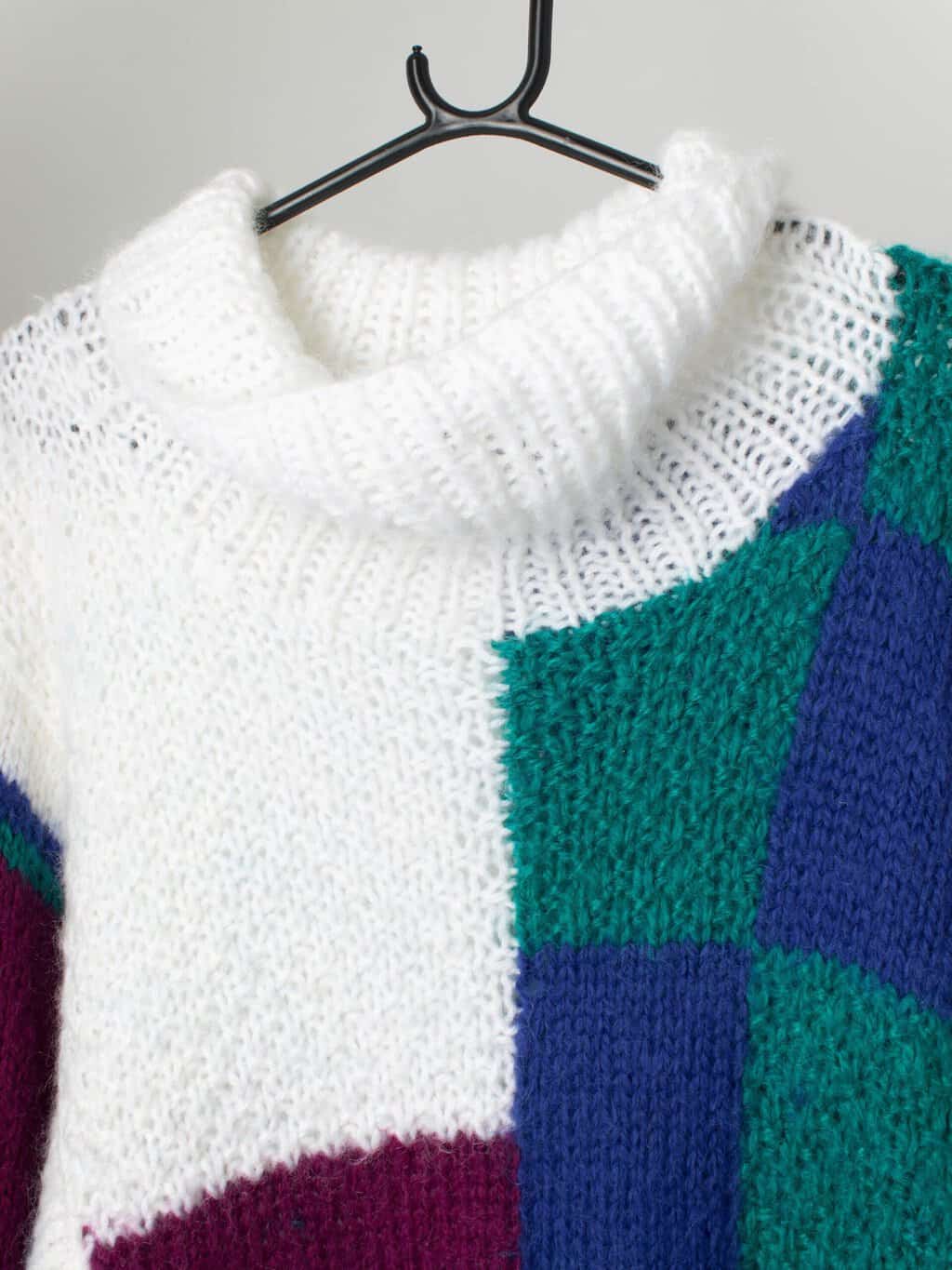 80s Oversized Hand Knitted Jumper In White Green And Plum Xl 2xl 2