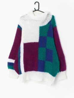 80s Oversized Hand Knitted Jumper In White Green And Plum Xl 2xl