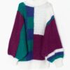 80s Oversized Hand Knitted Jumper In White Green And Plum Xl 2xl 3