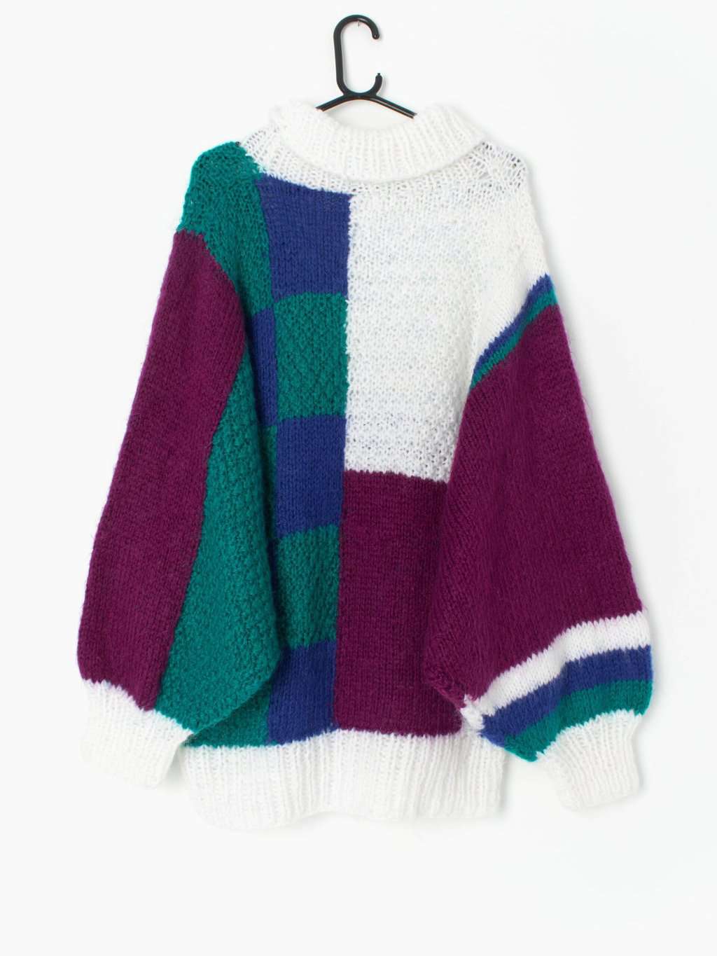 80s Oversized Hand Knitted Jumper In White Green And Plum Xl 2xl 3
