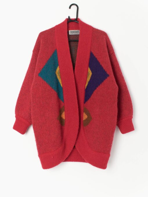 80s Red Longline Cardigan With Diamond Design By Excel Small Medium