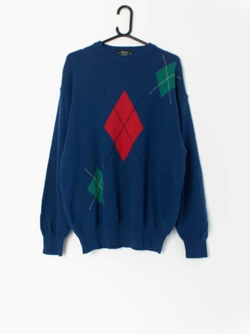 80s St Michael Lambswool Sweater In Bold Blue With Red Diamond Large