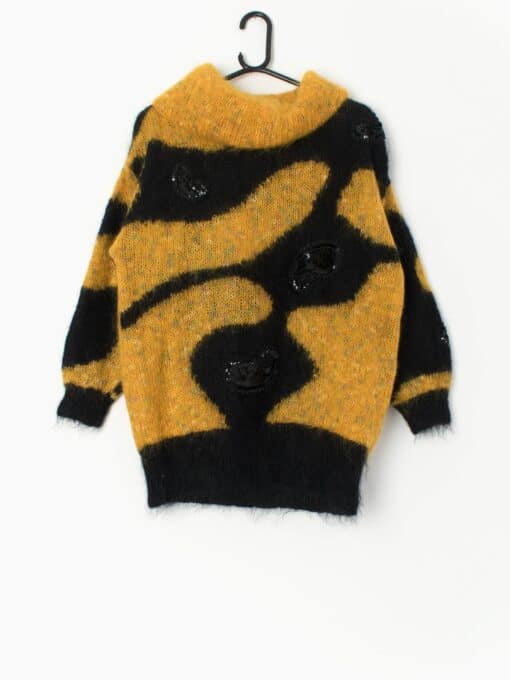 80s Vintage Bumble Bee Jumper With Roll Neck In Yellow And Black With Paisley Sequins Medium