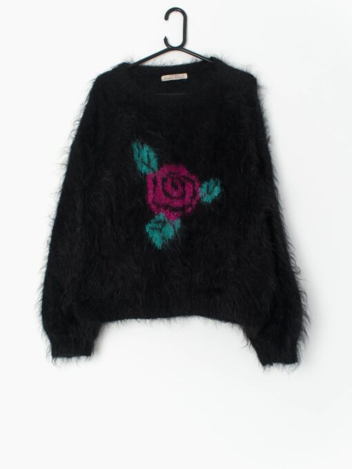 80s Vintage Hand Knitted Fluffy Jumper In Black With Hot Pink Rose Medium