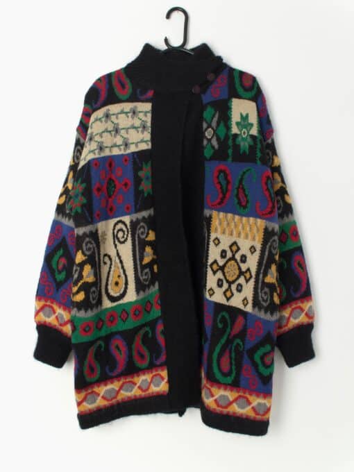 80s Vintage Mohair Cardigan Coat In Black With A Loud Abstract Paisley Design Large Xl