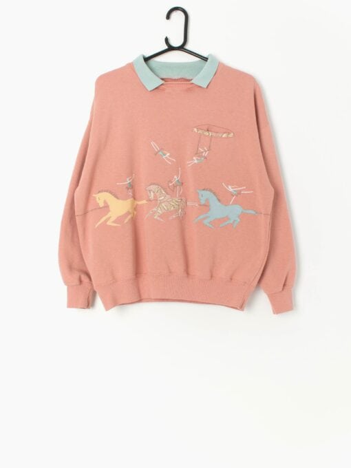 90s Peach Horse Applique Collared Sweatshirt With Beautiful Applique Acrobats And Horses Large