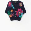 90s Short Sleeve Knit Cardigan In Navy Blue With Colourful Flower Design Medium