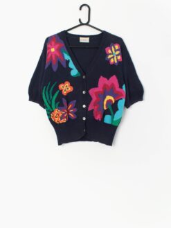 90s Short Sleeve Knit Cardigan In Navy Blue With Colourful Flower Design Medium