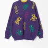 90s Ski Sweater In Purple With Funky Monster Figures By Le Jour Blanc Made In France Large