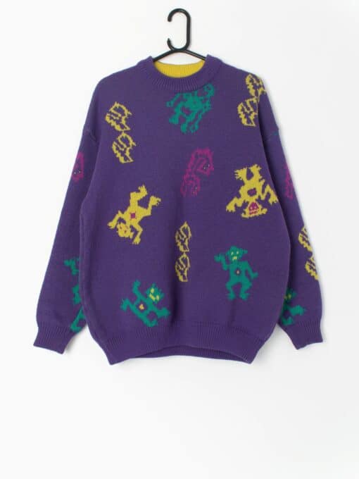 90s Ski Sweater In Purple With Funky Monster Figures By Le Jour Blanc Made In France Large