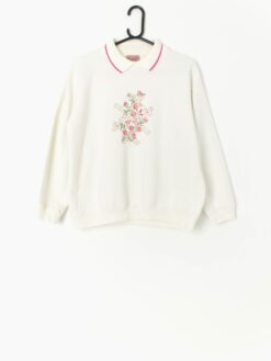 90s White Collared Sweatshirt With Embroidered Pink Floral Design Cottage Core Dreams Medium