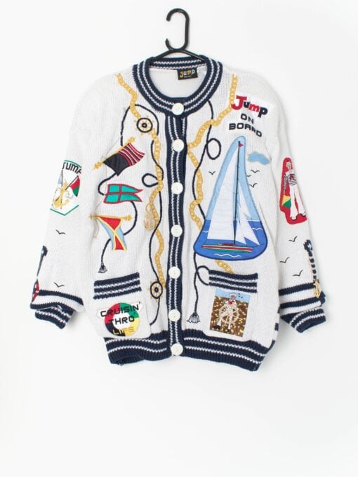 Crazy 1980s Sailor Yacht Club Cardigan With Embroidery And Applique Deadstock Medium Large