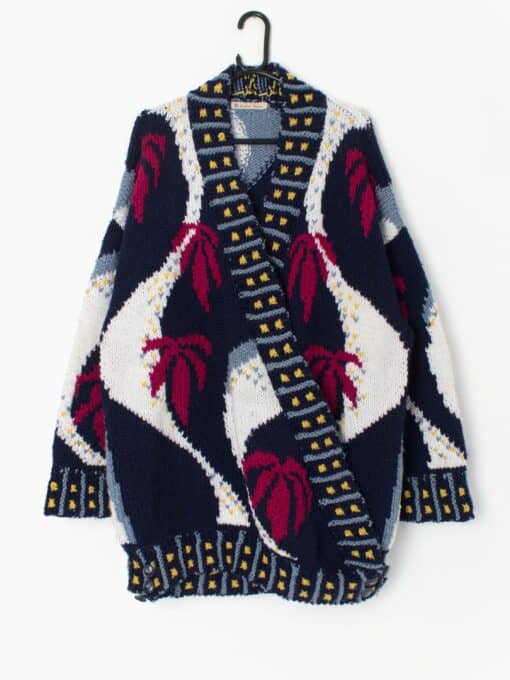 Epic Vintage Wool Cardigan Coat In Navy With Multicoloured Palm Trees And Love Hearts Large Xl