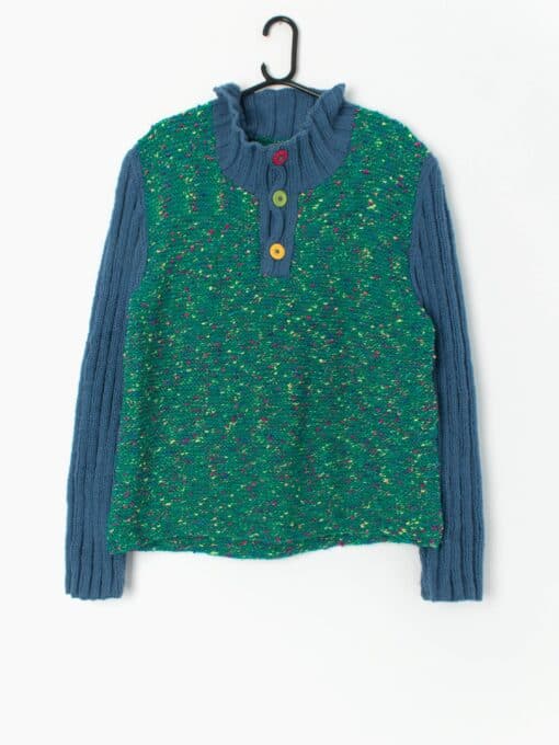 Mens Vintage Hand Knitted Jumper With Playful Design In Blue And Green Multicoloured Large Xl