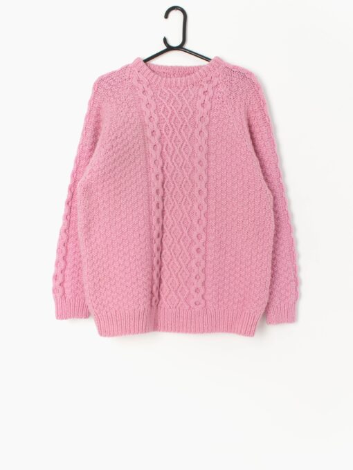 Pink Vintage Cable Knit Jumper With Chunky Knit Hand Knitted Barbie Pink Small Medium